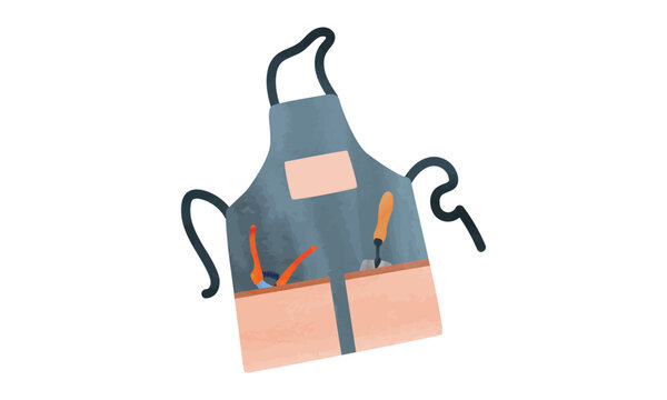 watercolor apron with tools, blue and peach clip art preview