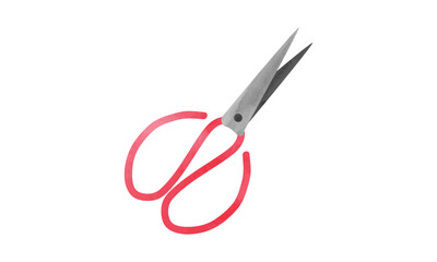 Scissors watercolor style vector illustration isolated on white background. Simple red scissors clipart. Scissors hand drawn cartoon. Minimalist scissors icon drawing
