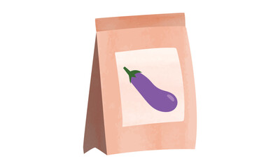Eggplant seeds package watercolor illustration isolated on white background. Pack of eggplant seeds clipart cartoon style. Vegetable seeds package watercolor drawing. Garden work. Package of seeds