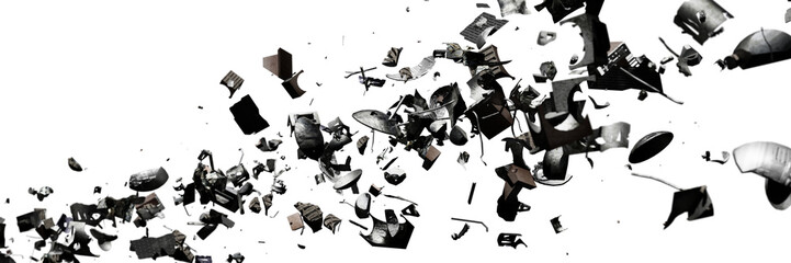 space debris in Earth orbit, dangerous flying trash isolated on white background banner  © dottedyeti