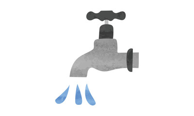 Running faucet watercolor vector illustration isolated on white background. Faucet with blue drop clipart hand drawn watercolor. Garden tap cartoon style. Tap watercolor drawing. Tap, faucet clipart