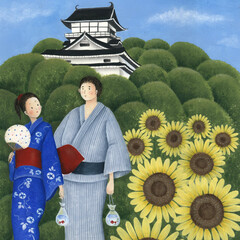 日本の夏　お城とひまわりと浴衣を着る男女　手描きイラスト