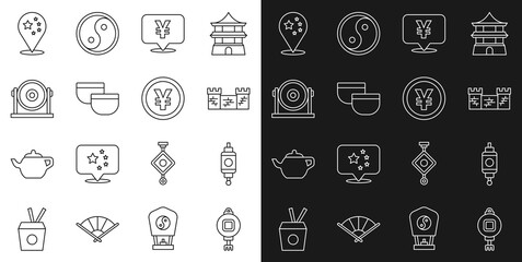 Set line Chinese paper lantern, Great wall of China, Yuan currency, tea ceremony, Gong, flag and icon. Vector
