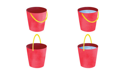 Simple plastic buckets set watercolor hand drawn vector illustration isolated on white background. Red plastic bucket clipart. Empty bucket and water bucket cartoon drawing. Bucket full water clipart