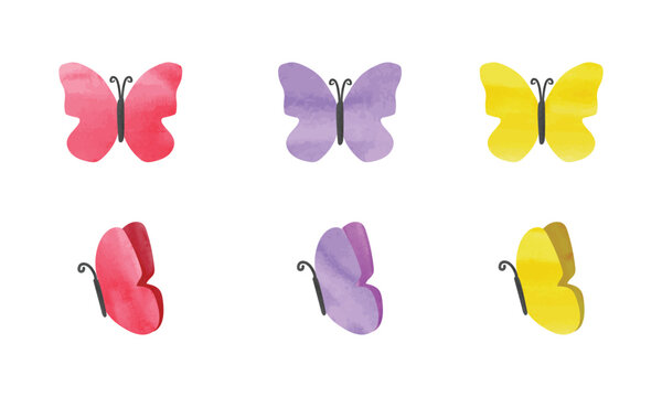 Set of multicolored butterflies watercolor painting isolated on white background. Simple watercolor butterfly hand drawn. Minimalist butterfly clipart drawing. Garden insect handmade cartoon drawing