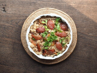 Top view fried rice with Chinese roasted dried sausage