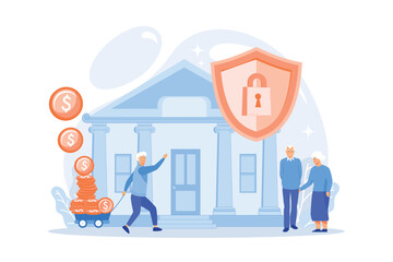 Senior people savings fund, pensioners earnings. Retirement investments, retirement budget development, contribution in pension account concept. flat vector modern illustration