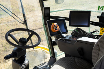 Agricultural machinery view from the cabin, modern machinery in agriculture.