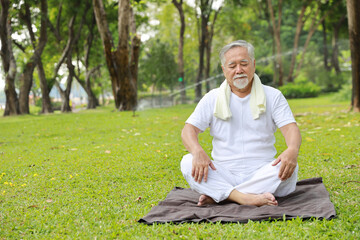 Asian senior man practice yoga excercise, tai chi tranining, stretching and meditation together while sitting for healthy in park outdoor after retirement. Happy elderly outdoor lifestyle concept