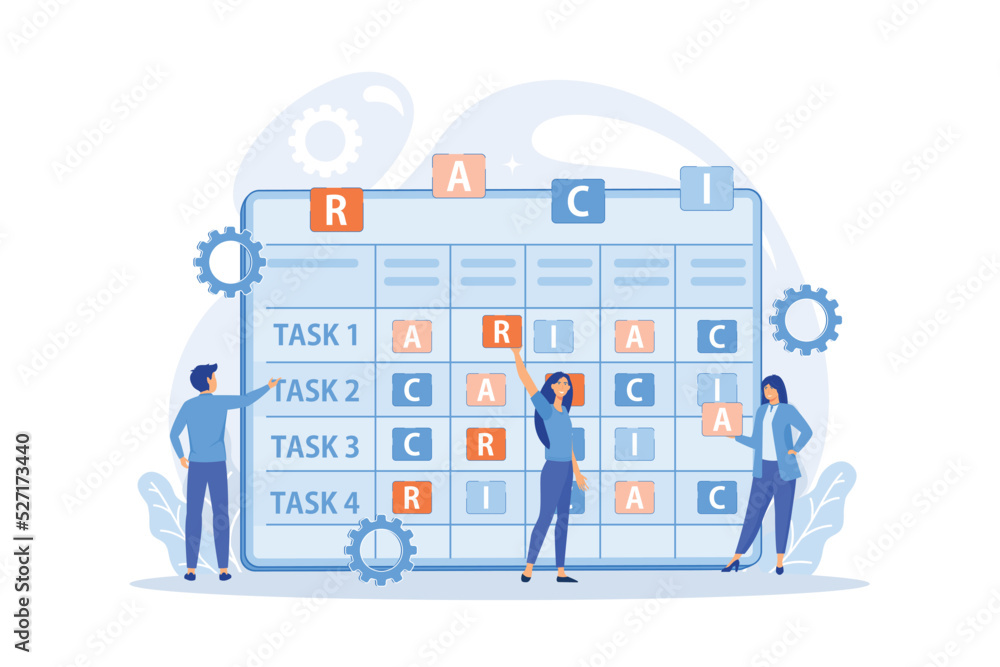 Poster tiny business people at responsibility chart with tasks. raci matrix, responsibility assignment matr