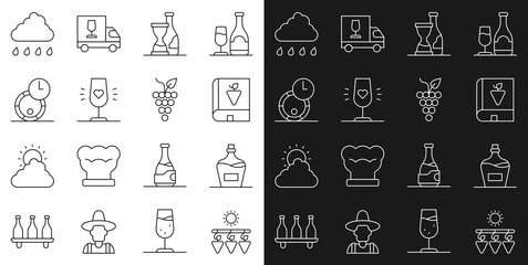 Set line Drying grapes, Old bottle of wine, Book about, Bottle, Wine glass, Wooden barrel for, Cloud with rain and Bunch icon. Vector
