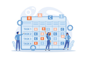 Tiny business people at responsibility chart with tasks. RACI matrix, responsibility assignment matrix, linear responsibility chart concept. flat vector modern illustration - obrazy, fototapety, plakaty