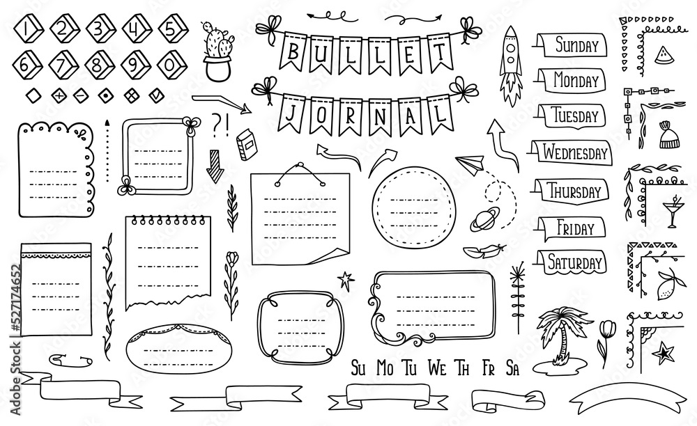 Poster bullet journal doodle diary calendar elements and frames, vector stickers. bullet journal notes and 
