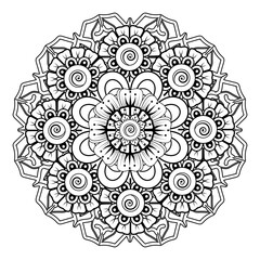 Circular pattern in form of mandala for Henna, Mehndi, tattoo, decoration. Decorative ornament in ethnic oriental style. Coloring book page.