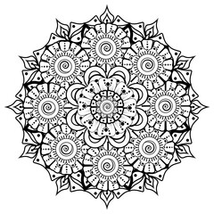 Circular pattern in form of mandala for Henna, Mehndi, tattoo, decoration. Decorative ornament in ethnic oriental style. Coloring book page.