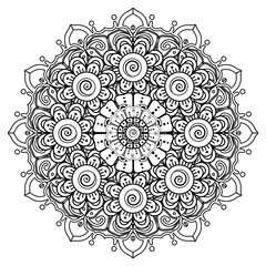 Circular pattern in form of mandala for Henna, Mehndi, tattoo, decoration. Decorative ornament in ethnic oriental style. Coloring book page.