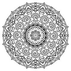 Circular pattern in form of mandala for Henna, Mehndi, tattoo, decoration. Decorative ornament in ethnic oriental style. Coloring book page.