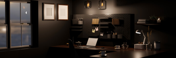 Modern stylish dark office workspace at night with laptop mockup on black table, black wall.