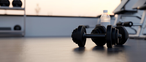 close-up, Dumbbells and mockup space on a gym floor over blurred modern fitness gym in background