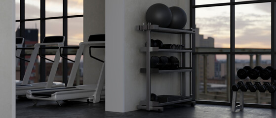 Modern loft and urban contemporary fitness gym interior with gym equipments, treadmills