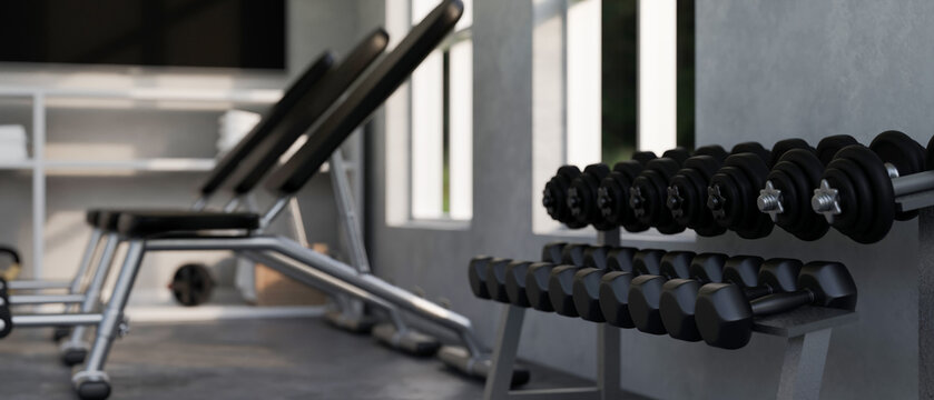 Modern fitness gym background with rows of professional dumbbells and rows of benches.