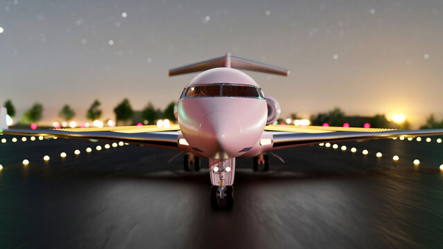 Airplane taking off the airport at night. Airplane on the runway over blurred dark sky background.