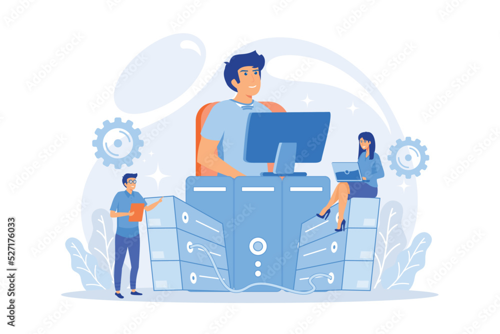 Poster system administrators or sysadmins are servicing server racks. system administration, upkeeping, con