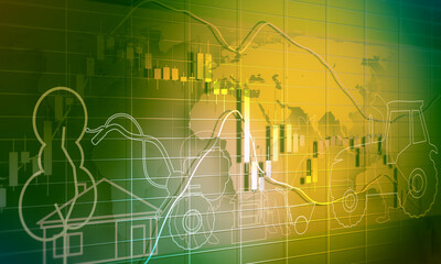 Fototapeta premium Overlayed outline icons of trees, house, tractor and farm animals. Ecologically clean area. Village in the summer. Thin line style illustration. Candlestick stock exchange background with world map