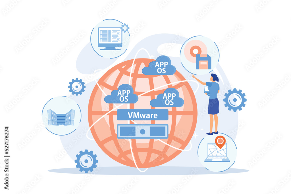 Poster virtual machines. operating system and data storage. virtualization technology, process virtual repr