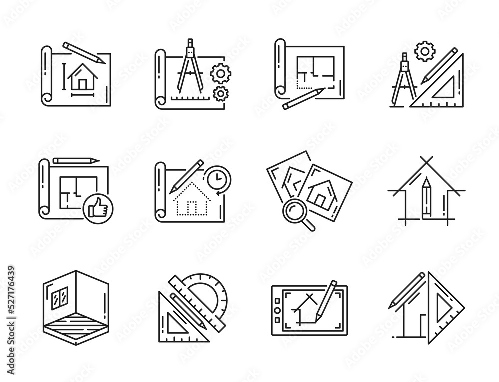 Poster architect development and interior design icons, vector house plan and ruler. home construction proj