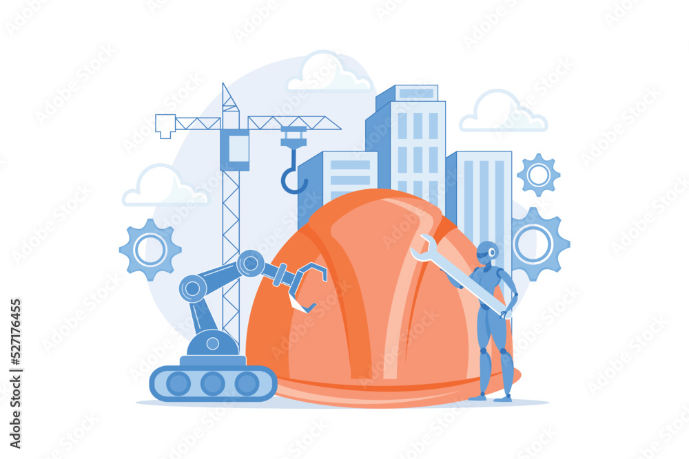 Poster robot with wrench and robotic arm at construction site. robotics construction, digital construction 