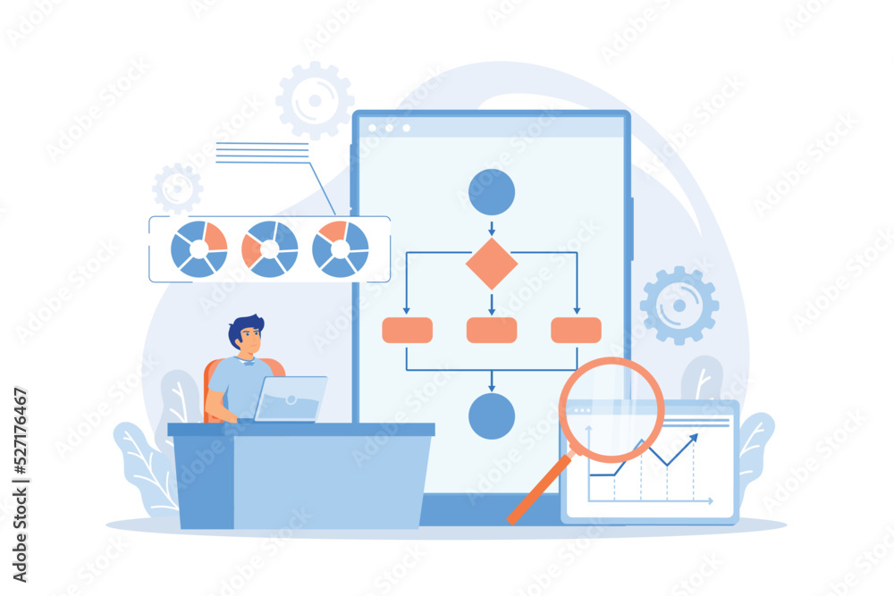 Poster analyst working at laptop with automation process. business process automation, business process wor