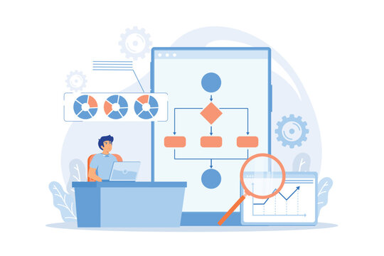 Analyst working at laptop with automation process. Business process automation, business process workflow, automated business system concept.