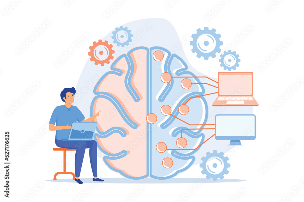 Poster brain with digital circuit and programmer with laptop. machine learning, artificial intelligence, di