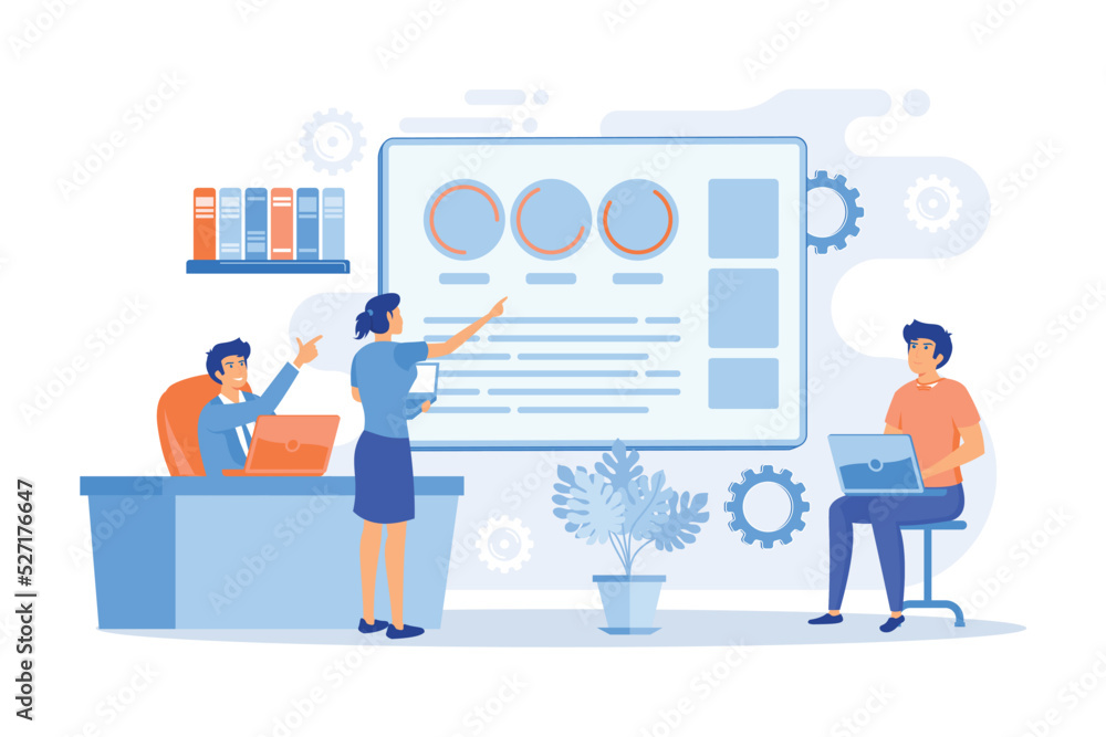 Poster business team with laptops look at digital presentation with charts. digital presentation, office on