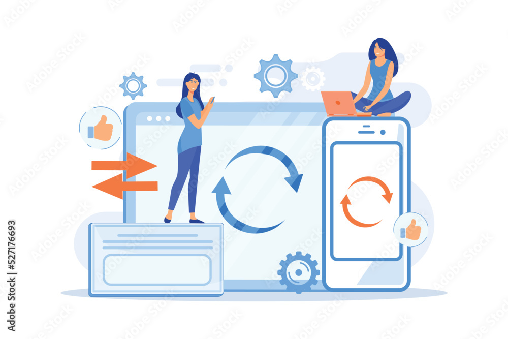 Aufkleber user with laptop and smartphone synchronizing. cross-device syncing, cross-device synchronization an