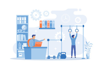 Businessman working and exercising in fitness-friendly office. Fitness-focused workspace, health-conscious workspace, modern office concept.