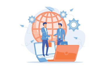 Businessmen shaking hands through laptop screens as online business, conference, meeting, network, deal, negotiations, agreement concept, pinkish coral blue palette. flat vector modern illustration