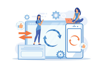 User with laptop and smartphone synchronizing. Cross-device syncing, cross-device synchronization and operation concept on white background. flat vector modern illustration