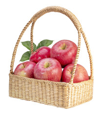 Basket of Fresh Pink apple isolated on white background, Pink apple with leaves on white background PNG file.