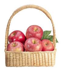 Basket of Fresh Pink apple isolated on white background, Pink apple with leaves on white background PNG file.
