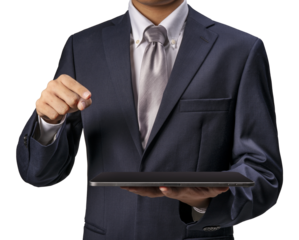 Businessman use tablet hands to receive something isolated on a white background, Businessman hand isolated on a white background PNG file.