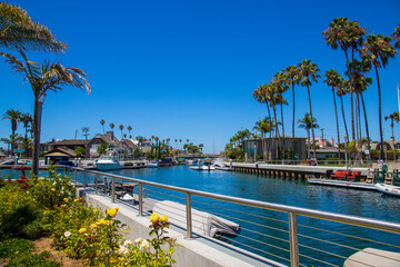 a gorgeous summer landscape at Naples Canals with blue ocean water surrounded by colorful flowers, lush green palm trees and plants and boats docked along the banks with a clear blue sky in Long Beach - obrazy, fototapety, plakaty