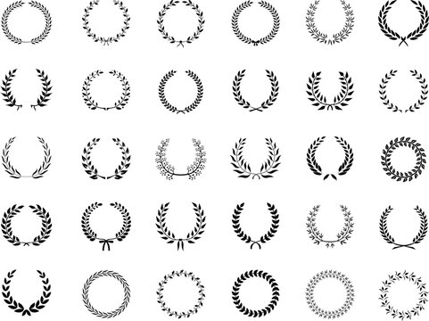Big collection of thirty different circular black vector laurel wreaths or circlets for heraldry antiquity award victory and excellence
