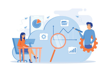 Developers drawing chart, monitoring applications. Computing resourses, operaing data and services, cloud technology organization and management concept. flat vector modern illustration