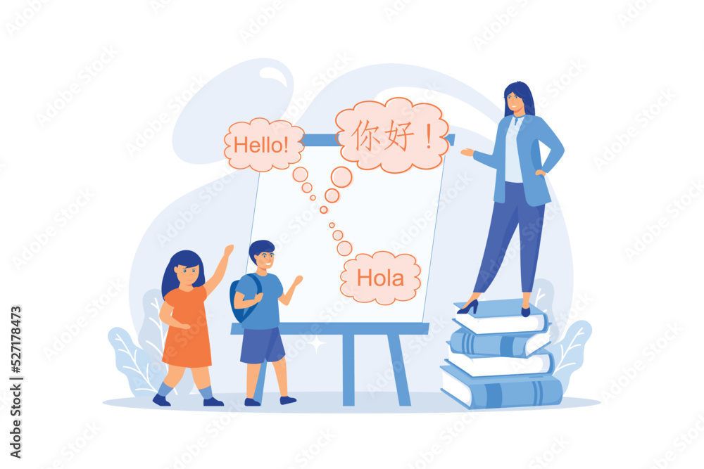 Wall mural Tiny people, teacher and kids in camp learning English and Chinese. Language learning camp, summer language program, learn foreign languages concept. flat vector modern illustration