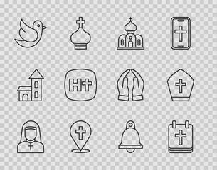 Set line Nun, Calendar with Easter, Church building, Location church, Dove, Christian cross, bell and Pope hat icon. Vector