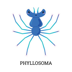 Cute blue phyllosoma cartoon character flat style, vector illustration