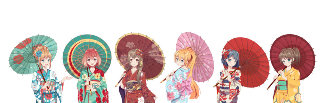 Group of anime manga girls in kimono holding paper umbrella
