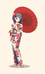 Anime manga girls in kimono holding paper umbrella - obrazy, fototapety, plakaty